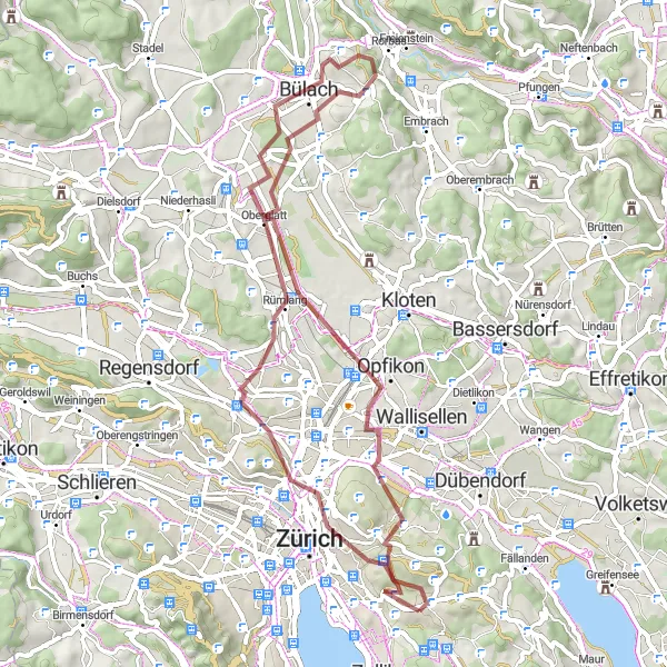 Miniatura della mappa di ispirazione al ciclismo "Giro panoramico Gravel nei dintorni di Zurigo" nella regione di Zürich, Switzerland. Generata da Tarmacs.app, pianificatore di rotte ciclistiche