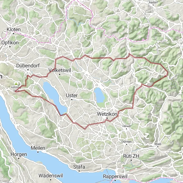 Miniatura della mappa di ispirazione al ciclismo "Avventura Gravel sulle colline svizzere" nella regione di Zürich, Switzerland. Generata da Tarmacs.app, pianificatore di rotte ciclistiche