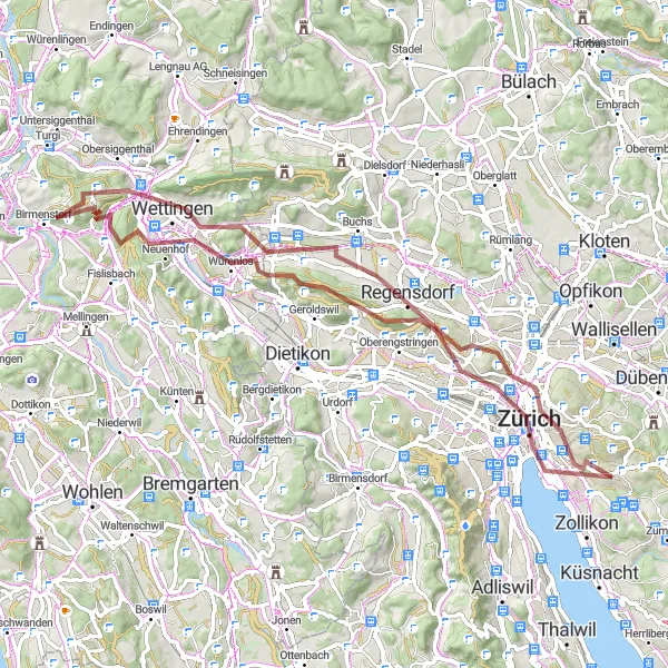Map miniature of "The Great Gravel Adventure" cycling inspiration in Zürich, Switzerland. Generated by Tarmacs.app cycling route planner