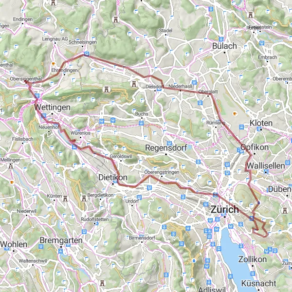 Map miniature of "Off the Beaten Path: Gravel Discovery" cycling inspiration in Zürich, Switzerland. Generated by Tarmacs.app cycling route planner