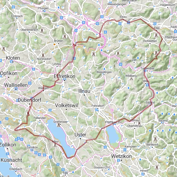 Mapa miniatúra "Gravelová túra okolo Dübendorfu" cyklistická inšpirácia v Zürich, Switzerland. Vygenerované cyklistickým plánovačom trás Tarmacs.app