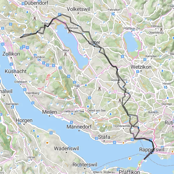 Miniatura della mappa di ispirazione al ciclismo "Giro panoramico tra laghi e villaggi" nella regione di Zürich, Switzerland. Generata da Tarmacs.app, pianificatore di rotte ciclistiche