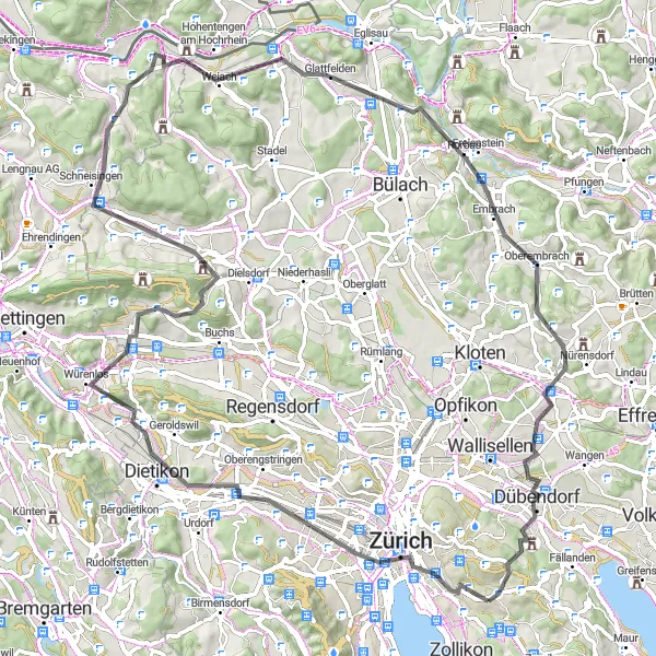 Map miniature of "Epic Road Cycling Tour in Zurich" cycling inspiration in Zürich, Switzerland. Generated by Tarmacs.app cycling route planner