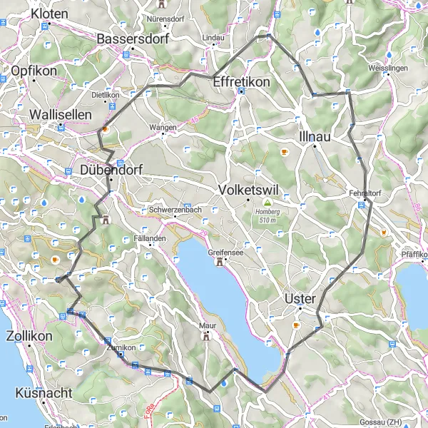 Miniature de la carte de l'inspiration cycliste "Les routes pittoresques de Zurich et Uster" dans la Zürich, Switzerland. Générée par le planificateur d'itinéraire cycliste Tarmacs.app