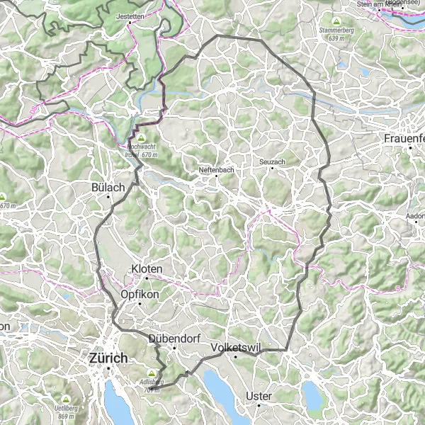 Miniatura della mappa di ispirazione al ciclismo "Tour lungo distanze tra paesaggi rurali e colline verdi" nella regione di Zürich, Switzerland. Generata da Tarmacs.app, pianificatore di rotte ciclistiche