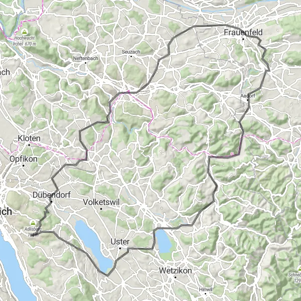 Miniatura della mappa di ispirazione al ciclismo "Sfida su strada attraverso i colli svizzeri" nella regione di Zürich, Switzerland. Generata da Tarmacs.app, pianificatore di rotte ciclistiche