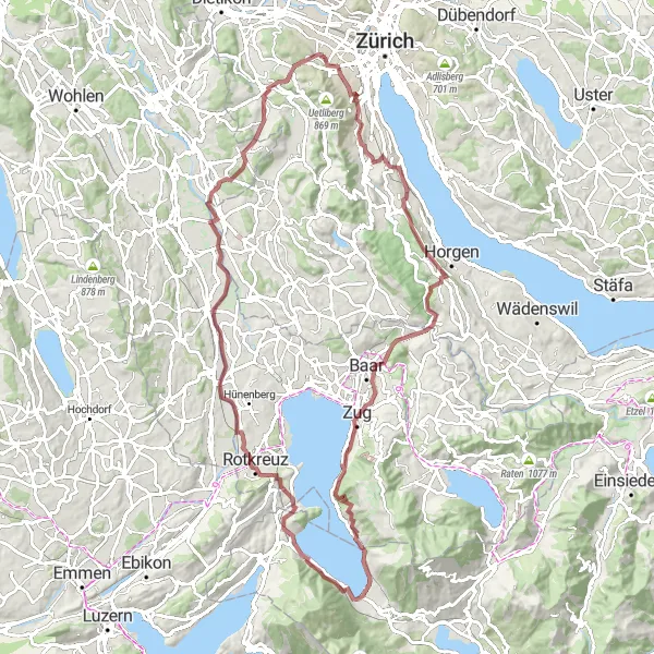 Miniatua del mapa de inspiración ciclista "Ruta desafiante de grava a través de Rüschlikon y Rotkreuz" en Zürich, Switzerland. Generado por Tarmacs.app planificador de rutas ciclistas