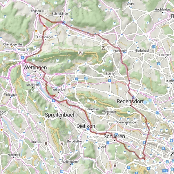 Zemljevid v pomanjšavi "Kulturno-pohodniška dogodivščina v okolici Züricha" kolesarske inspiracije v Zürich, Switzerland. Generirano z načrtovalcem kolesarskih poti Tarmacs.app