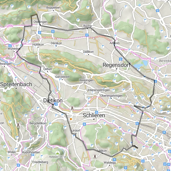 Miniaturní mapa "Okružní cyklostezka Uitikon - Otelfingen" inspirace pro cyklisty v oblasti Zürich, Switzerland. Vytvořeno pomocí plánovače tras Tarmacs.app