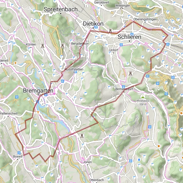 Zemljevid v pomanjšavi "Povzpni se na Mutschellenpass" kolesarske inspiracije v Zürich, Switzerland. Generirano z načrtovalcem kolesarskih poti Tarmacs.app