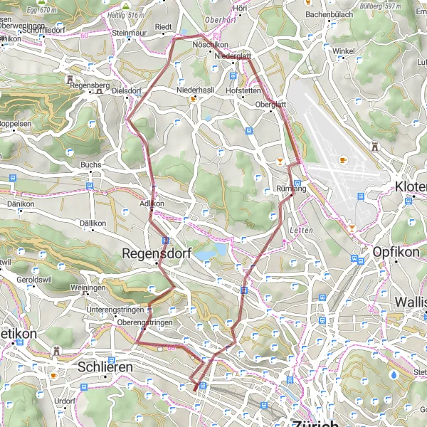 Karttaminiaatyyri "Gubrist to Höngg Gravel Cycling Route" pyöräilyinspiraatiosta alueella Zürich, Switzerland. Luotu Tarmacs.app pyöräilyreittisuunnittelijalla