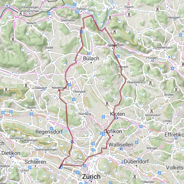 Mapa miniatúra "Gravel cyklotrasa cez Eglisau a Glattbrugg" cyklistická inšpirácia v Zürich, Switzerland. Vygenerované cyklistickým plánovačom trás Tarmacs.app