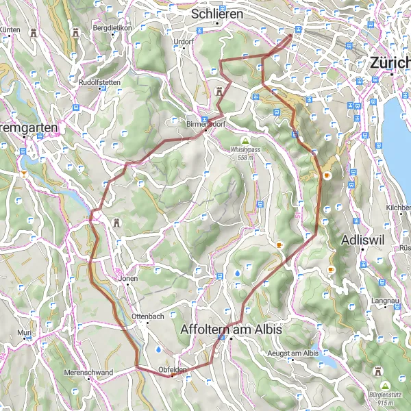 Zemljevid v pomanjšavi "Gravel Adventure to Obfelden" kolesarske inspiracije v Zürich, Switzerland. Generirano z načrtovalcem kolesarskih poti Tarmacs.app