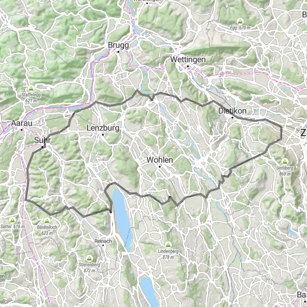 Miniaturekort af cykelinspirationen "Landevejscykelrute rundt om Zürich" i Zürich, Switzerland. Genereret af Tarmacs.app cykelruteplanlægger