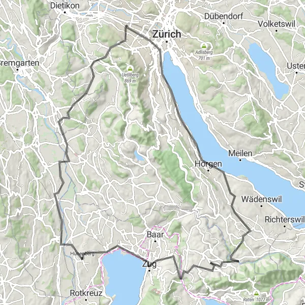 Miniatua del mapa de inspiración ciclista "Ruta de ciclismo en carretera por Zürich y Zug" en Zürich, Switzerland. Generado por Tarmacs.app planificador de rutas ciclistas