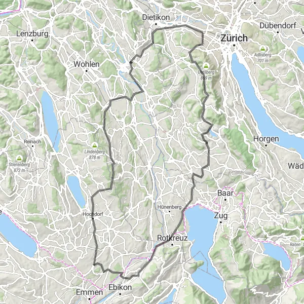 Miniatua del mapa de inspiración ciclista "Desafío de Carretera por Zürich" en Zürich, Switzerland. Generado por Tarmacs.app planificador de rutas ciclistas