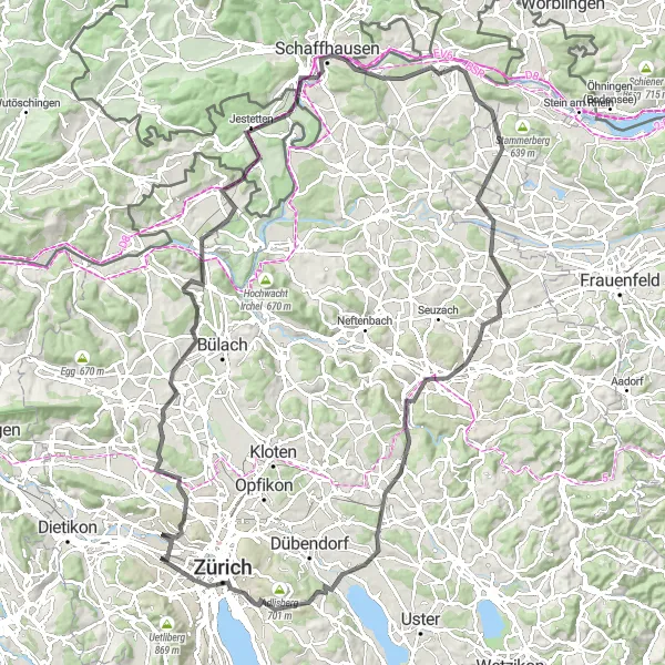 Miniaturní mapa "Okruh přes Schaffhausen a Winterthur" inspirace pro cyklisty v oblasti Zürich, Switzerland. Vytvořeno pomocí plánovače tras Tarmacs.app