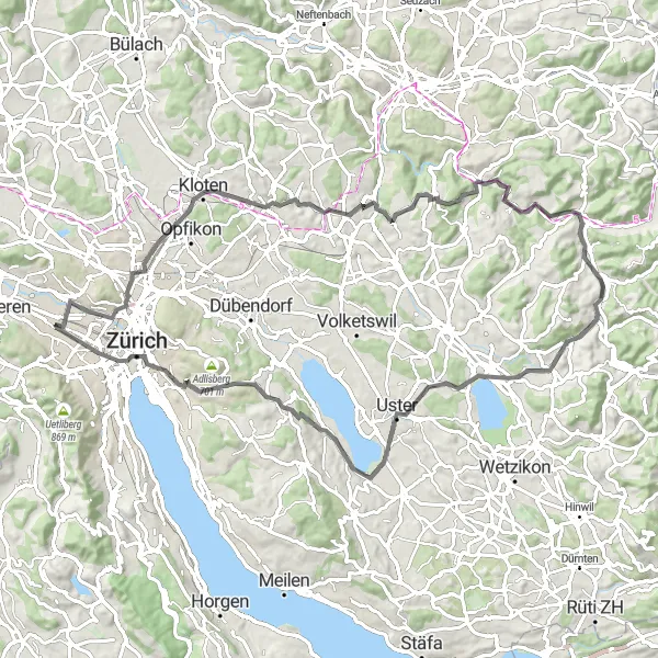 Zemljevid v pomanjšavi "Kolesarska pot okoli Züricha - Road" kolesarske inspiracije v Zürich, Switzerland. Generirano z načrtovalcem kolesarskih poti Tarmacs.app