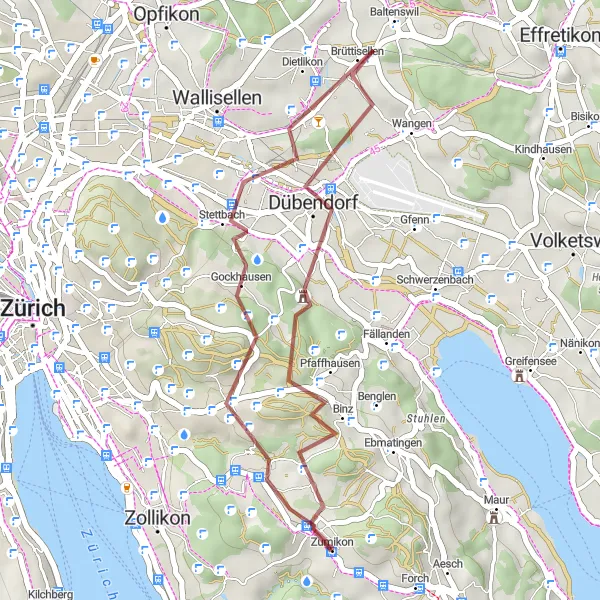 Mapa miniatúra "Gravelová trasa cez Adlisberg" cyklistická inšpirácia v Zürich, Switzerland. Vygenerované cyklistickým plánovačom trás Tarmacs.app