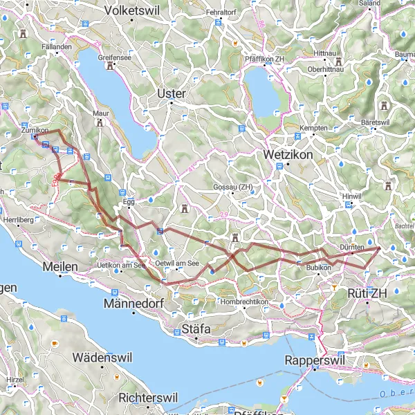 Kartminiatyr av "Grusvei sykkeltur fra Zumikon" sykkelinspirasjon i Zürich, Switzerland. Generert av Tarmacs.app sykkelrutoplanlegger