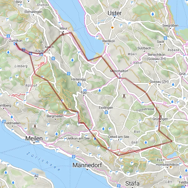 Miniatua del mapa de inspiración ciclista "Aventura en Mönchaltorf y Maur desde Zumikon" en Zürich, Switzerland. Generado por Tarmacs.app planificador de rutas ciclistas