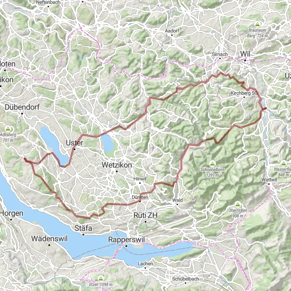 Miniaturekort af cykelinspirationen "Grusstier gennem Zürichs bjergrige terræn" i Zürich, Switzerland. Genereret af Tarmacs.app cykelruteplanlægger