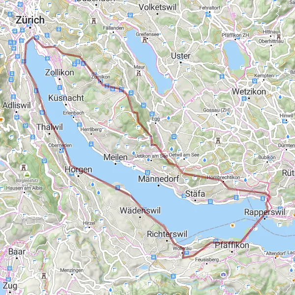 Miniaturekort af cykelinspirationen "Naturens forundring langs Zürich-søen" i Zürich, Switzerland. Genereret af Tarmacs.app cykelruteplanlægger