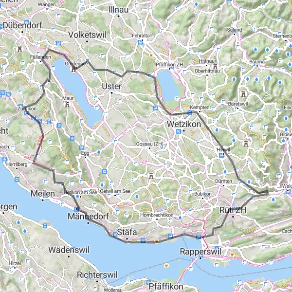 Mapa miniatúra "Cyklotrasa s výhľadom na Forch a Männedorf" cyklistická inšpirácia v Zürich, Switzerland. Vygenerované cyklistickým plánovačom trás Tarmacs.app