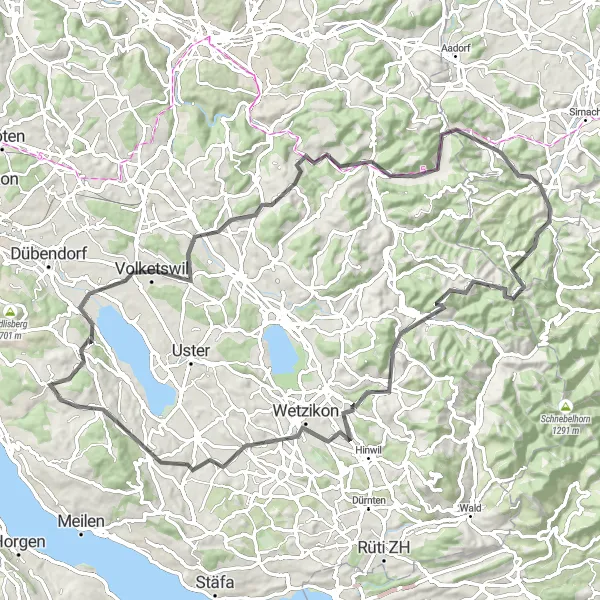Miniatura della mappa di ispirazione al ciclismo "Tour in bicicletta su strade panoramiche" nella regione di Zürich, Switzerland. Generata da Tarmacs.app, pianificatore di rotte ciclistiche