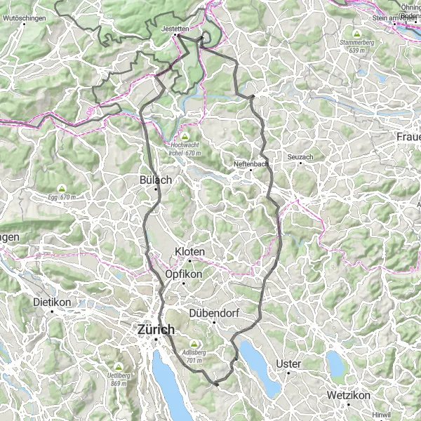 Karttaminiaatyyri "Zumikon - Rigiblick - Oerlikon - Bülach - Schneehenberg - Lottstetten - Andelfingen - Brühlberg - Effretikon - Fällanden - Wassberg Loop" pyöräilyinspiraatiosta alueella Zürich, Switzerland. Luotu Tarmacs.app pyöräilyreittisuunnittelijalla