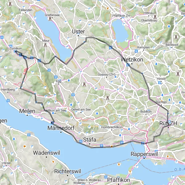 Miniaturekort af cykelinspirationen "Vandretur rundt i Zürichs søer og bjerge" i Zürich, Switzerland. Genereret af Tarmacs.app cykelruteplanlægger