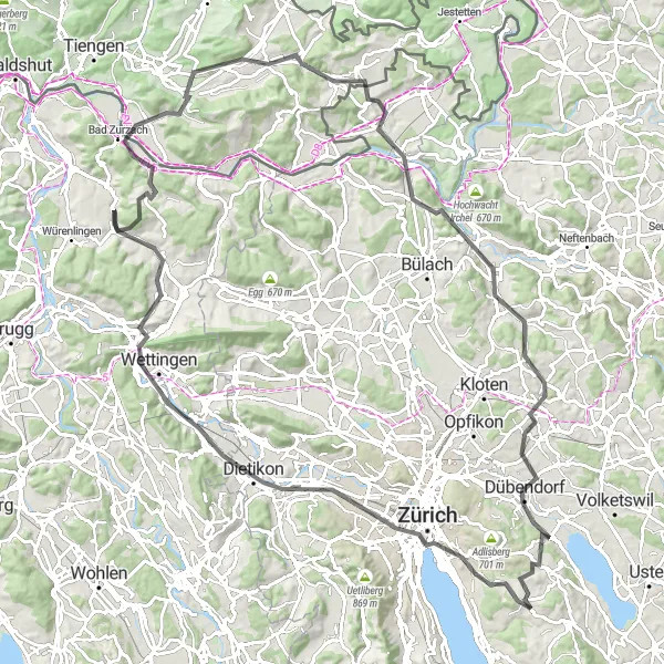 Kartminiatyr av "Zürich till Bad Zurzach och tillbaka" cykelinspiration i Zürich, Switzerland. Genererad av Tarmacs.app cykelruttplanerare