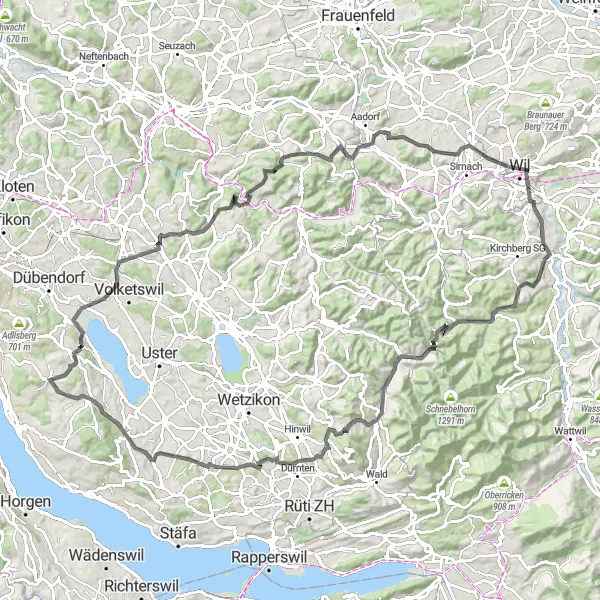 Karttaminiaatyyri "Wassbergin kierros" pyöräilyinspiraatiosta alueella Zürich, Switzerland. Luotu Tarmacs.app pyöräilyreittisuunnittelijalla