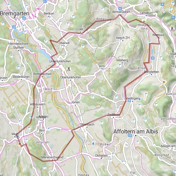 Miniaturní mapa "Gravelový okruh přes Merenschwand a Birmensdorf" inspirace pro cyklisty v oblasti Zürich, Switzerland. Vytvořeno pomocí plánovače tras Tarmacs.app
