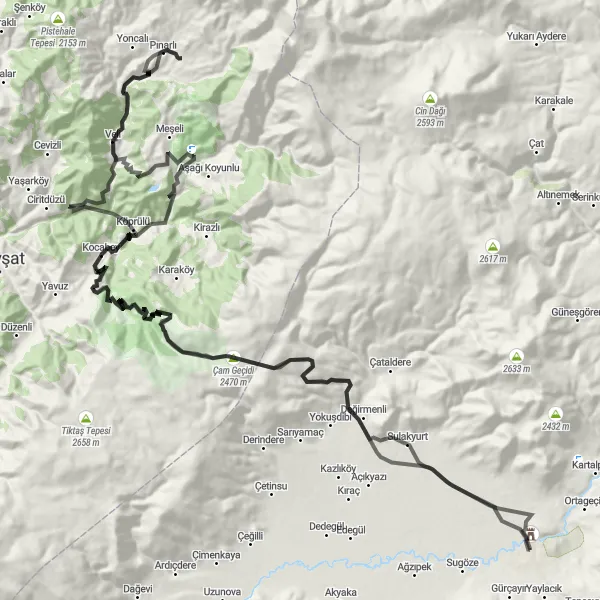 Map miniature of "The Enchanting Road from Ardahan to Pınarlı" cycling inspiration in Ağrı, Kars, Iğdır, Ardahan, Turkey. Generated by Tarmacs.app cycling route planner