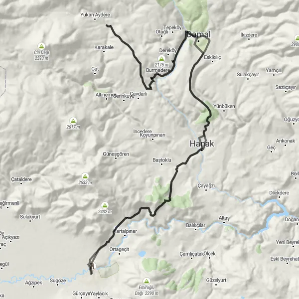 Map miniature of "Historical Influences in Ardahan's Surroundings" cycling inspiration in Ağrı, Kars, Iğdır, Ardahan, Turkey. Generated by Tarmacs.app cycling route planner