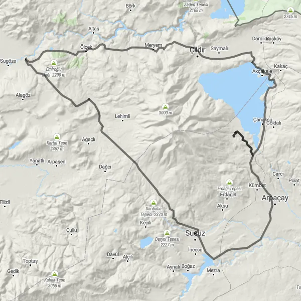 Map miniature of "Scenic Road Cycling in Çıldır and Doğruyol" cycling inspiration in Ağrı, Kars, Iğdır, Ardahan, Turkey. Generated by Tarmacs.app cycling route planner