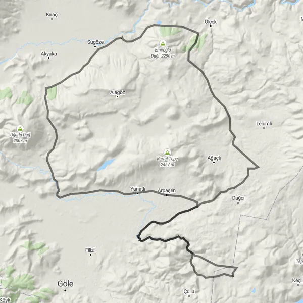 Map miniature of "Scenic Route to Tazeköy and Eski Demirkapı" cycling inspiration in Ağrı, Kars, Iğdır, Ardahan, Turkey. Generated by Tarmacs.app cycling route planner