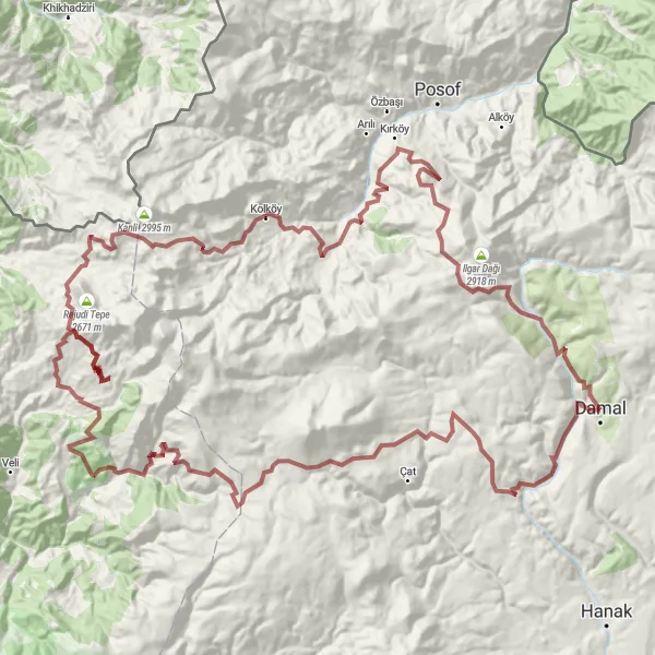 Map miniature of "Discovering the Gravel Roads of Eastern Turkey" cycling inspiration in Ağrı, Kars, Iğdır, Ardahan, Turkey. Generated by Tarmacs.app cycling route planner