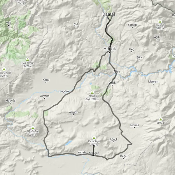 Map miniature of "Ağrı Challenge" cycling inspiration in Ağrı, Kars, Iğdır, Ardahan, Turkey. Generated by Tarmacs.app cycling route planner