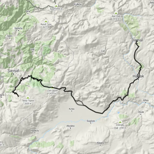 Map miniature of "Ardahan Expedition" cycling inspiration in Ağrı, Kars, Iğdır, Ardahan, Turkey. Generated by Tarmacs.app cycling route planner