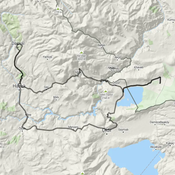 Map miniature of "Ağrı to Kars Cycling Route" cycling inspiration in Ağrı, Kars, Iğdır, Ardahan, Turkey. Generated by Tarmacs.app cycling route planner