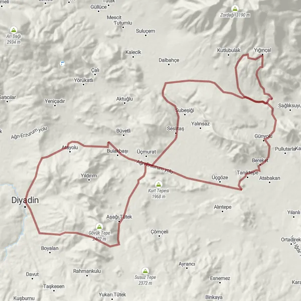 Map miniature of "The Scenic Escape" cycling inspiration in Ağrı, Kars, Iğdır, Ardahan, Turkey. Generated by Tarmacs.app cycling route planner