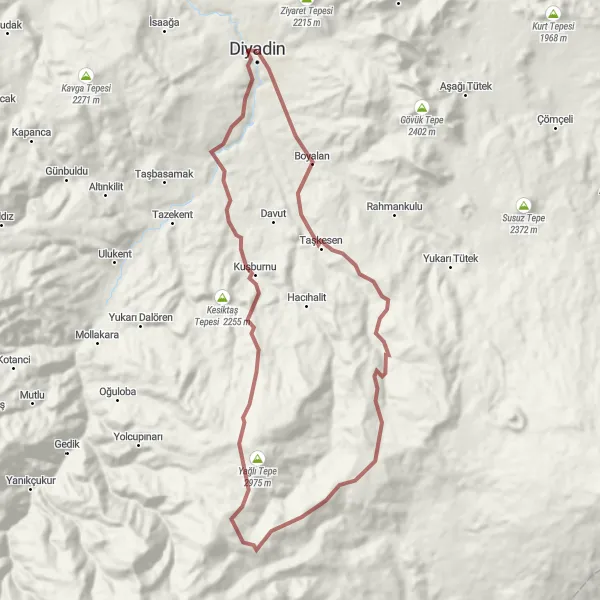 Map miniature of "Mountains and Valleys" cycling inspiration in Ağrı, Kars, Iğdır, Ardahan, Turkey. Generated by Tarmacs.app cycling route planner