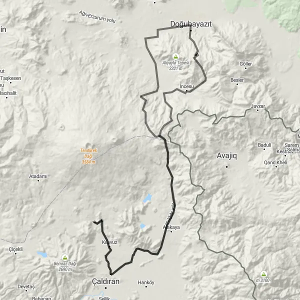 Map miniature of "Ziyaret Tepesi Loop" cycling inspiration in Ağrı, Kars, Iğdır, Ardahan, Turkey. Generated by Tarmacs.app cycling route planner