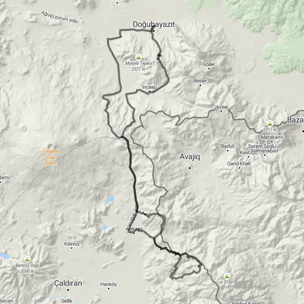 Map miniature of "Ultimate Doğubayazıt Challenge - Conquer Ziyaret Tepesi" cycling inspiration in Ağrı, Kars, Iğdır, Ardahan, Turkey. Generated by Tarmacs.app cycling route planner
