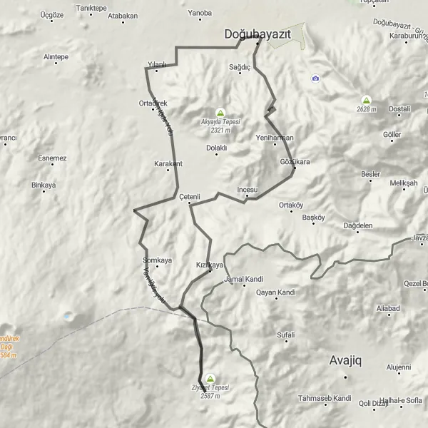Map miniature of "Ağrı Loop Route" cycling inspiration in Ağrı, Kars, Iğdır, Ardahan, Turkey. Generated by Tarmacs.app cycling route planner
