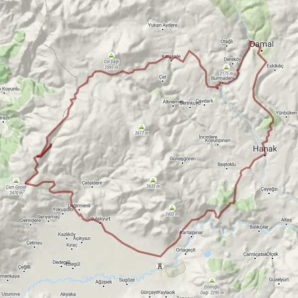Map miniature of "Hanak to Ardahan Castle Gravel Route" cycling inspiration in Ağrı, Kars, Iğdır, Ardahan, Turkey. Generated by Tarmacs.app cycling route planner