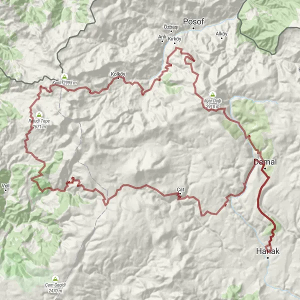 Map miniature of "Hanak to Pınarlı Gravel Route" cycling inspiration in Ağrı, Kars, Iğdır, Ardahan, Turkey. Generated by Tarmacs.app cycling route planner