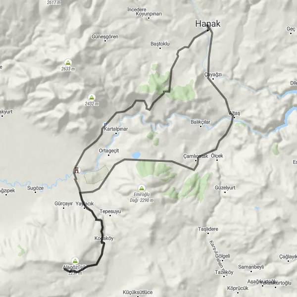 Map miniature of "Hanak to Alagöz Road Route" cycling inspiration in Ağrı, Kars, Iğdır, Ardahan, Turkey. Generated by Tarmacs.app cycling route planner